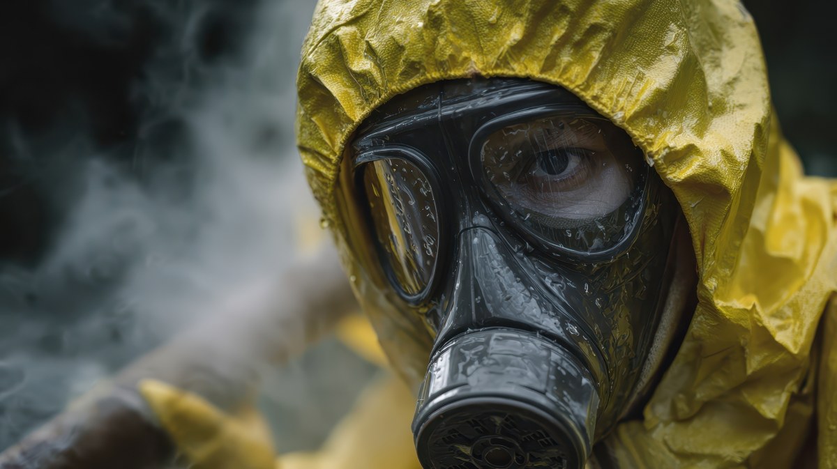 Individual wearing a yellow protective suit and a black gas mask