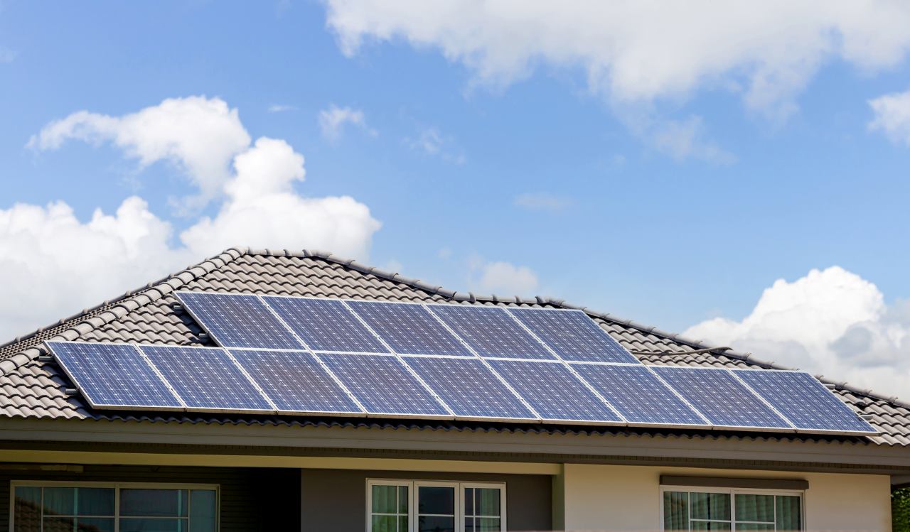 Solar cells panels on the roof of the modern house