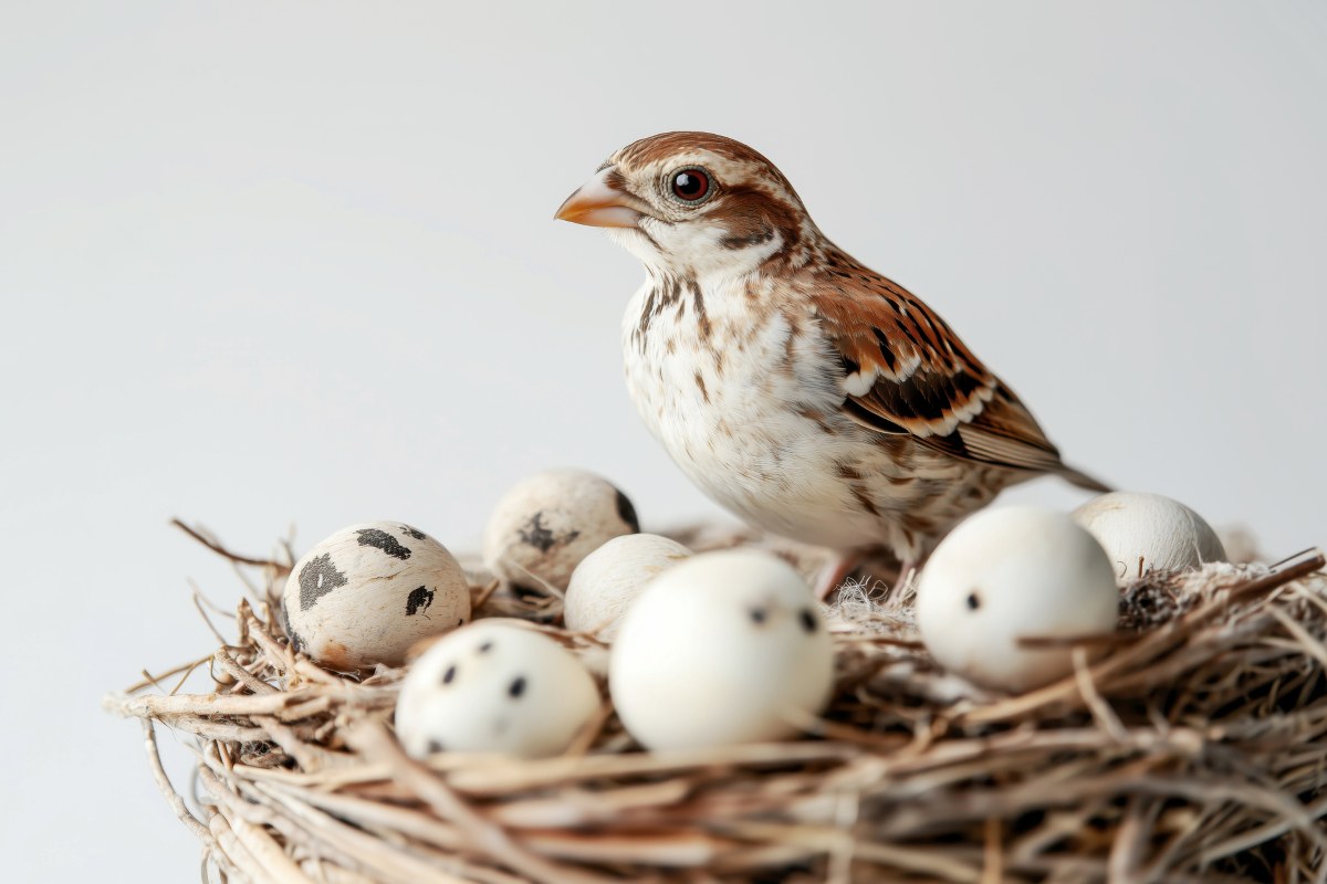 sparrow on a nest with eggs