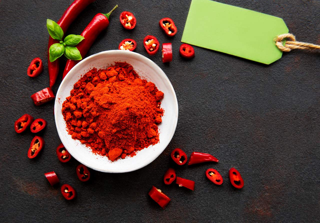 Red chili pepper, dried chillies on dark background